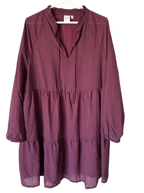 ICHI Dresses & Skirts - Ichi Day Dress Large Gingham Ruffle Tie V Neck Long Sleeve Tiered Mini Burgundy